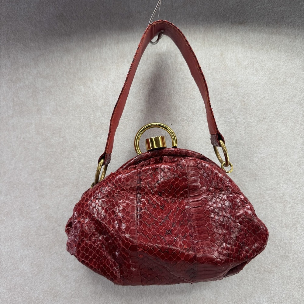 Top Handle Bag Womens Small Red Snakeskin Exotic Leather Lined Turn Lock